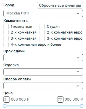 Панель фильтров карты: город, комнатность, срок сдачи, отделка, способ оплаты, цена